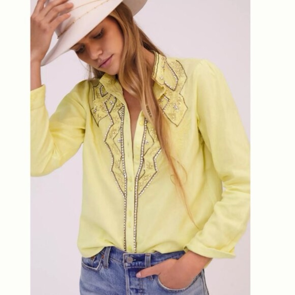 Anthropologie Pilcro Western Embroidered Button Up XS cotton linen blend